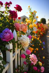 Fototapeta na wymiar a close up of fenced in garden with flowers and white picket fence. generative ai.
