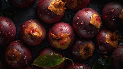 Fototapeta premium Raw mangosteen, leaf background with water drops. Close up