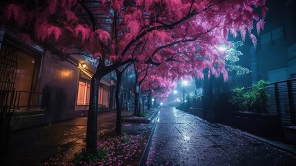 Fototapeta na wymiar alley in the japan night in the city pink Sophora affinis Eve's Necklace japonica trees in japan