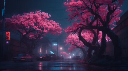 night in the city pink Sophora affinis Eve's Necklace japonica trees in japan