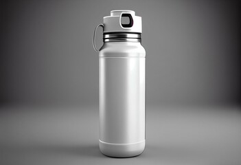 Blank white metal sport bottle mockup, isolated, front view,3d rendering. Empty aluminum can with clip mock up. Clear trip container with liquid. Fitness or tourism flask template. Generative AI