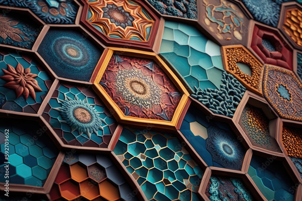 Aufkleber mosaic art abstract background in hexagonal shape. distinct generative ai image.