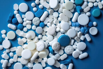 White pills on blue background. Generative AI