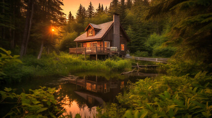 Fototapeta na wymiar A dreamy image of a rustic luxury cabin in a lush forest, overlooking a tranquil lake at sunset