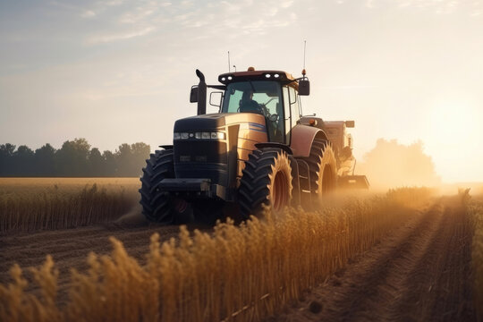 Tractor is going trough agriculture field full of gold wheat. Generative AI