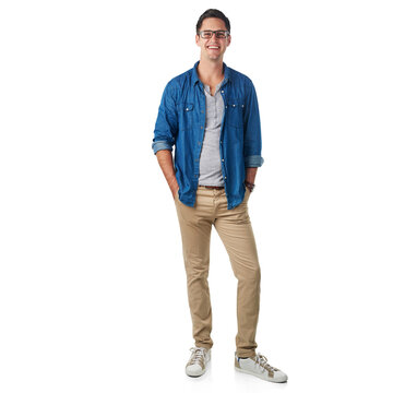 Happy, smile and portrait of man on png background for fashion, style and casual. Happiness, trendy and cool with male wearing glasses isolated on transparent for trendy, hipster and nerd