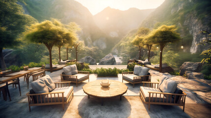 A panoramic view of a luxurious outdoor lounge area surrounded by majestic mountains and crystal-clear streams