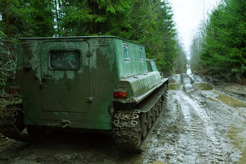 Old Soviet taiga and tundra all-terrain vehicle on track, caterpillar truk...