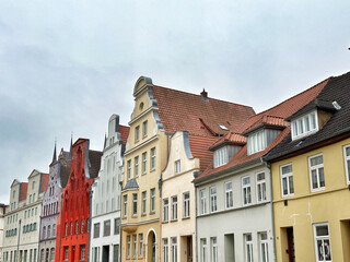 Fototapeta na wymiar Low angle view of Hanseatic buildings in Wismar
