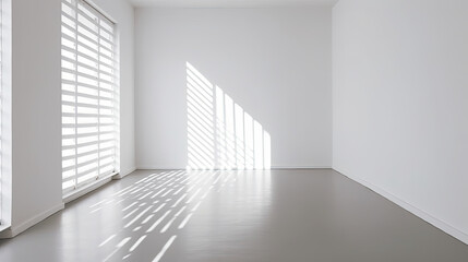 Empty room. Interior space, with shadows reflected by the bright daylight coming through the windows. Generative AI