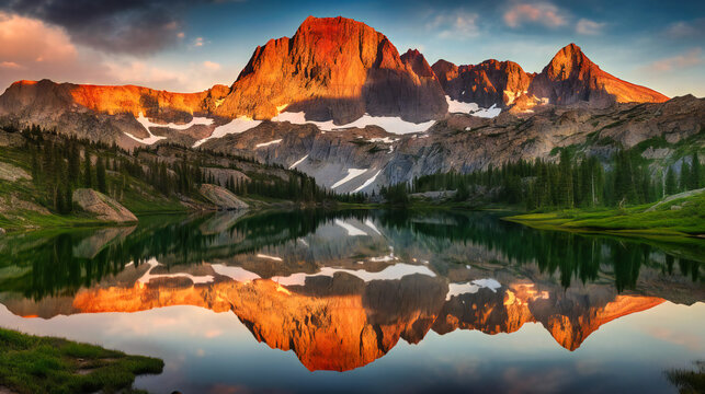 A breathtaking mountain landscape featuring a pristine lake reflecting the warm colors of a sunset © Nilima