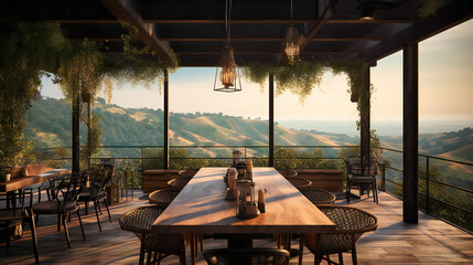 A breathtaking view of a high-end, open-air restaurant situated on a picturesque hilltop, overlooking a vast, rolling plain