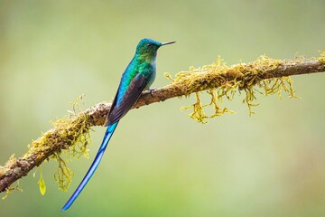 Long-tailed sylph perched on a tree branch