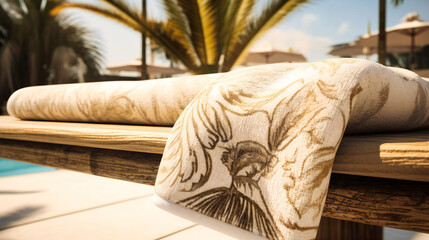 A close-up view of a plush sunbed set under a palm tree, offering a comfortable and stylish spot for relaxation and sunbathing