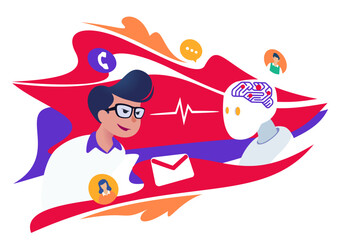 Human versus machine with artificial intelligence. Machine learning and human interaction. AI for customer service and experience.