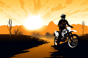 Fototapeta na wymiar Motorcycle rider in desert at sunset background concept illustration for poster, Generative AI
