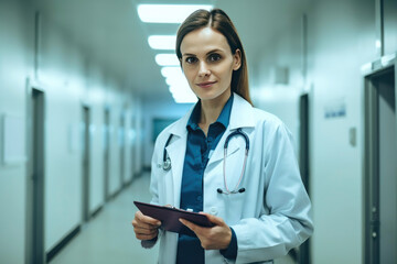 Young female doctor in uniform standing at hospital corridor. Generative AI
