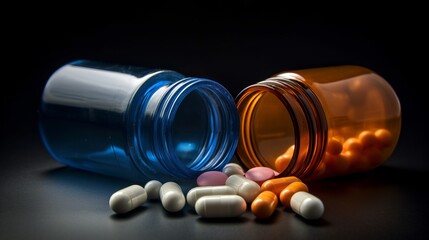 Closeup of pills with prescription bottle. Generative AI - obrazy, fototapety, plakaty