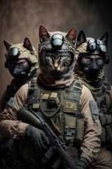 a close up of cat in military uniform with gun. generative ai.