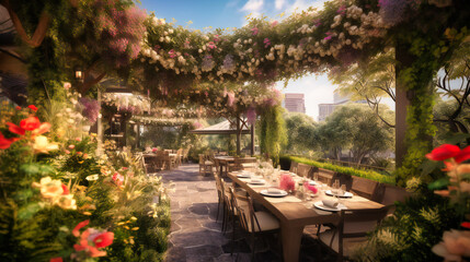 A panoramic view of a lavish outdoor dining area surrounded by blooming flowers and lush greenery, offering and unique culinary experience