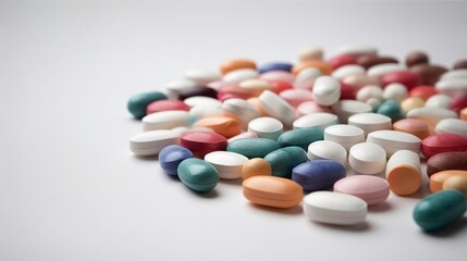Obraz na płótnie Canvas Closeup of colorful pills on white background. Generative AI