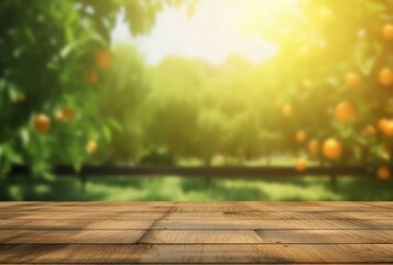 Wooden table with orchard background. Sunshine and light. Created using generative AI