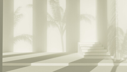 stairs and palm shadows - silver white modern presentation hall background - abstract 3D rendering