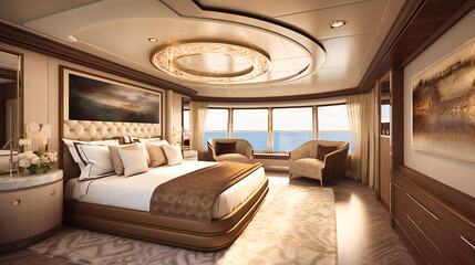 A luxurious image of a spacious master suite on a yacht, with stunning sea views and sumptuous decor