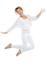 Jump, excited and portrait of senior woman on png, isolated and transparent background in studio....