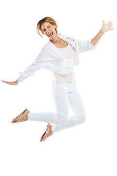 Jump, excited and portrait of senior woman on png, isolated and transparent background in studio. Happy, winner mockup and female jumping in air for happiness, celebration and success for winning