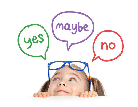 Little girl with eyeglasses hiding under table and looking at yes no maybe speech balloons.