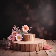 Fototapeta na wymiar Wood Slice Podium and Pink Flowers - Concept Scene for Mother's Day, Valentine's Day, and More