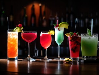 Different colorful cocktails aligned on a bar countertop (AI generated)