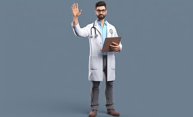 3d render, cartoon character smart trustworthy doctor wears glasses and holds blue clipboard. Professional caucasian male specialist created with Generative AI technology