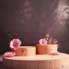 Obraz na płótnie Canvas Wood Slice Podium and Pink Flowers - Concept Scene for Mother's Day, Valentine's Day, and More
