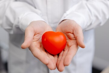 Doctor in white coat holding a red heart in hands close up. Medical health care and doctor staff service concept