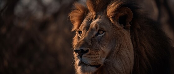 Fototapeta premium Majestic lion captured in its natural habitat, surrounded by tall grass and trees. Generative AI