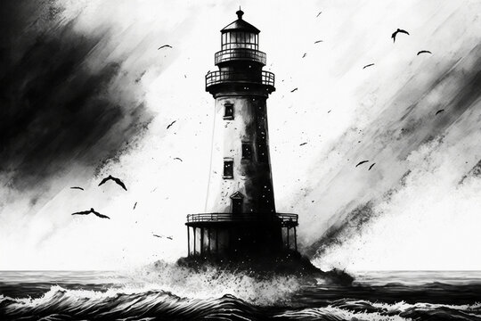 a black and white photo of lighthouse in the middle storm. generative ai.