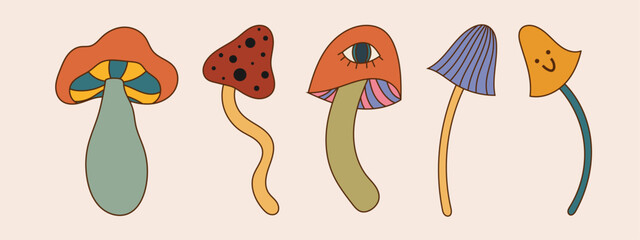 Set of retro groovy mushrooms with happy smiles. Hippie 60s, 70s, 80s style floral botanical. Vector illustration in trippy cartoon hand drawn style