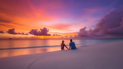 Couple walk along the pristine white sand beach at sunset. Generative AI