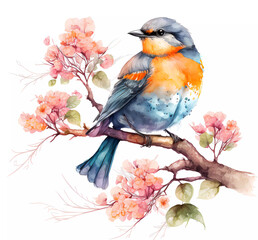 A watercolor bird sits on a branch with pink flowers. Spring illustration on a white background. Generative AI.