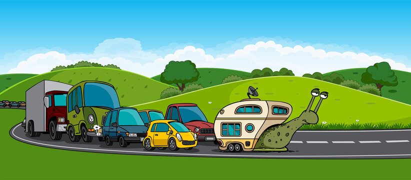 cartoon snail trailer car traffic jam