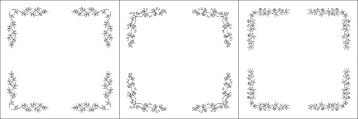 Set of three vector frames. Elegant black and white monochrome ornamental border for greeting cards, banners, invitations. Vector frame for all sizes and formats. Isolated vector illustration.