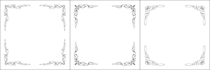 Set of three vector frames. Elegant black and white monochrome ornamental border for greeting cards, banners, invitations. Vector frame for all sizes and formats. Isolated vector illustration.