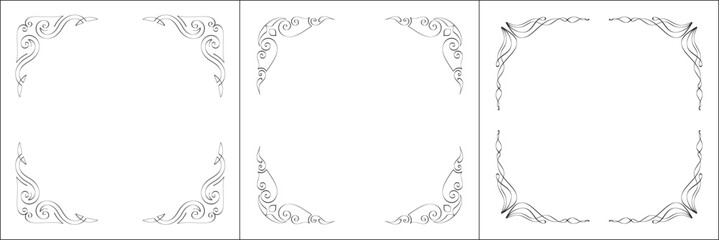 Set of three vector frames. Elegant black and white monochrome ornamental border for greeting cards, banners, invitations. Vector frame for all sizes and formats. Isolated vector illustration.