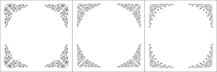 Set of three vector frames. Elegant black and white monochrome ornamental border for greeting cards, banners, invitations. Vector frame for all sizes and formats. Isolated vector illustration.