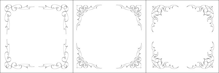 Set of three vector frames. Elegant black and white monochrome ornamental border for greeting cards, banners, invitations. Vector frame for all sizes and formats. Isolated vector illustration.