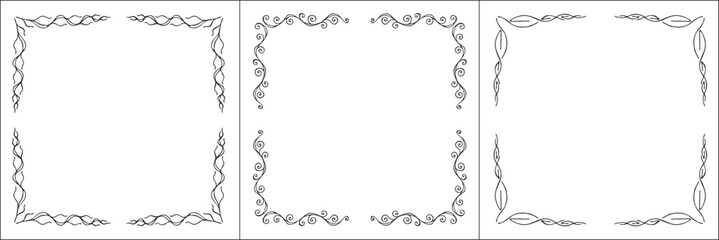 Set of three vector frames. Elegant black and white monochrome ornamental border for greeting cards, banners, invitations. Vector frame for all sizes and formats. Isolated vector illustration.