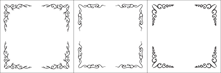 Set of three vector frames. Elegant black and white monochrome ornamental border for greeting cards, banners, invitations. Vector frame for all sizes and formats. Isolated vector illustration.