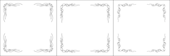 Set of three vector frames. Elegant black and white monochrome ornamental border for greeting cards, banners, invitations. Vector frame for all sizes and formats. Isolated vector illustration.